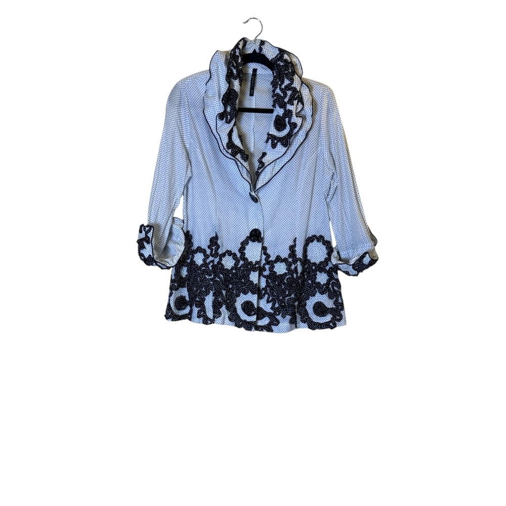 I.C. By Connie K Black/White Trim Cotton Embellished Rosette Blouse sz M